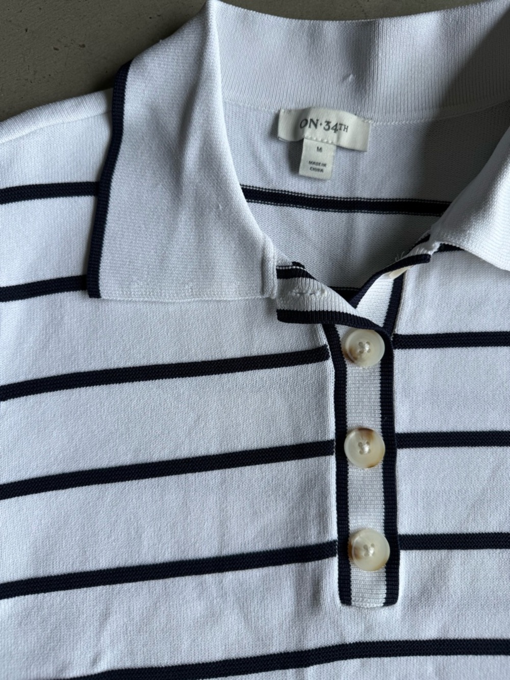 On 34th / Striped Knit Short Sleeve Polo Sweater Top / white black - Picture 4 of 8